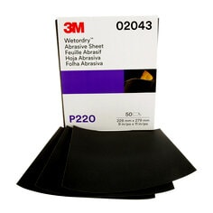 3M™ Wetordry™ Abrasive Sheet, 02043, P220, 9 in x 11 in, 50 sheets per
carton, 5 cartons per case