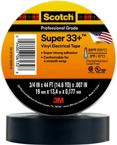 Scotch® Super 33+ Vinyl Electrical Tape, 3/4 in x 44 ft, Black, 10
rolls/carton, 100 rolls/Case