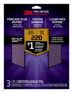3M™ Pro Grade Precision™ Faster Sanding Sanding Sheets 220 grit Fine,
26220TRI-3, 9 in x 11 in, 3/pk