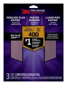 3M™ Pro Grade Precision™ Faster Sanding Sanding Sheets 400 grit X-Fine,
26400TRI-3, 9 in x 11 in, 3/pk