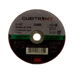 3M™ Cubitron™ II Cut-Off Wheel, 33456, 75 mm x 1 mm x 9.53 mm (3 in x
.04 in x 3/8 in), 5 wheels per carton, 6 cartons per case