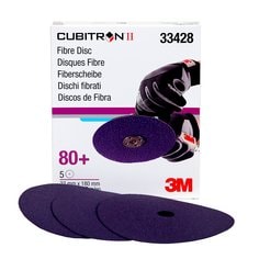 3M™ Cubitron™ II Abrasive Fibre Disc, 33428, 7 in X7/8 in (180mm X
22mm), 80+, 5 discs per carton, 5 cartons per case