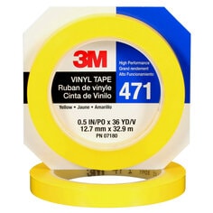 3M™ Vinyl Tape 471, Yellow, 1/2 in x 36 yd, 5.2 mil, 72 rolls per case,
Individually Wrapped Conveniently Packaged