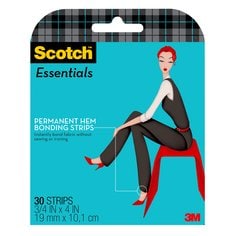 Scotch™ Essentials Permanent Hem Bonding Strips W-107-A, 3/4 in x 4 in
(19 mm x 10,1 cm), 30 Strips/Pack