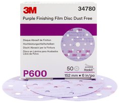 3M™ Hookit™ Purple Finishing Film Abrasive Disc 260L, 34780, 6 in, Dust
Free, P600, 50 discs per carton, 4 cartons per case
