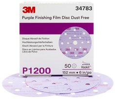 3M™ Hookit™ Finishing Film Disc Dust-Free, 34783, 6 in, 17H,
P1200, 50 discs per carton, 4 cartons per case