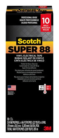 Scotch® Super 88 Vinyl Electrical Tape, 6143-BA-10, 3/4 in x 66 ft x
0.008 in (19 mm x 20,1 m x 0,215 mm), 10/case