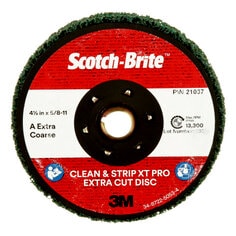 Scotch-Brite™ Clean and Strip XT Pro Extra Cut Disc, CX-DN, A/O Extra
Coarse, TN, Green, 4-1/2 in x 5/8"-11, 10 ea/Case