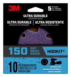 3M™ Ultra Durable 5 inch Power Sanding Discs, Universal Hole, 150 grit,
Disc5in10pk150, 10/pk, 12pks/cs
