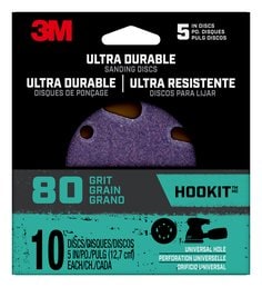 3M™ Ultra Durable 5 inch Power Sanding Discs, Universal Hole, 80 grit,
Disc5in10pk80, 10/pk, 12pks/cs