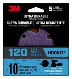 3M™ Ultra Durable 5 inch Power Sanding Discs, Universal Hole, 120 grit,
Disc5in10pk120, 10/pk, 12pks/cs