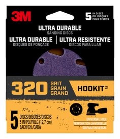 3M™ Ultra Durable 5 inch Power Sanding Discs, Universal Hole, 320 grit,
Disc5in5pk320, 5/pk, 20/case