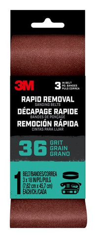 3M™ Rapid Removal 3 x 18 inch Power Sanding Belt, 36 grit,
Belt3x181pk36, 1 pk, 10/case