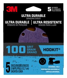 3M™ Ultra Durable 5 inch Power Sanding Discs, Universal Hole, 100 grit,
Disc5in5pk100, 5/pk, 20/case