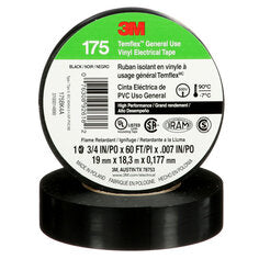 3M™ Temflex™ Vinyl Electrical Tape 175, Black, 3/4 in x 60 ft (19 mm x 18 m), 7 mil, 100 Rolls/Case