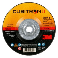 3M™ Cubitron™ II Depressed Center Grinding Wheel, 64317, Quick Change,
Type 27, 5 in x 1/4 in x 5/8"-11, 10/Carton, 20 ea/Case