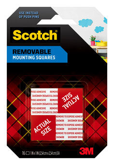 Scotch® Removable Double-Sided Mounting Squares 108S-SQ-16, 1 in x 1 in (2.54 cm x 2.54 cm) 16/pk